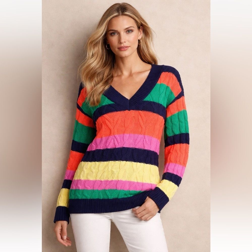 St John's Bay Rainbow Stripe Cable Knit V-Neck Sweater  |  Size:  L
